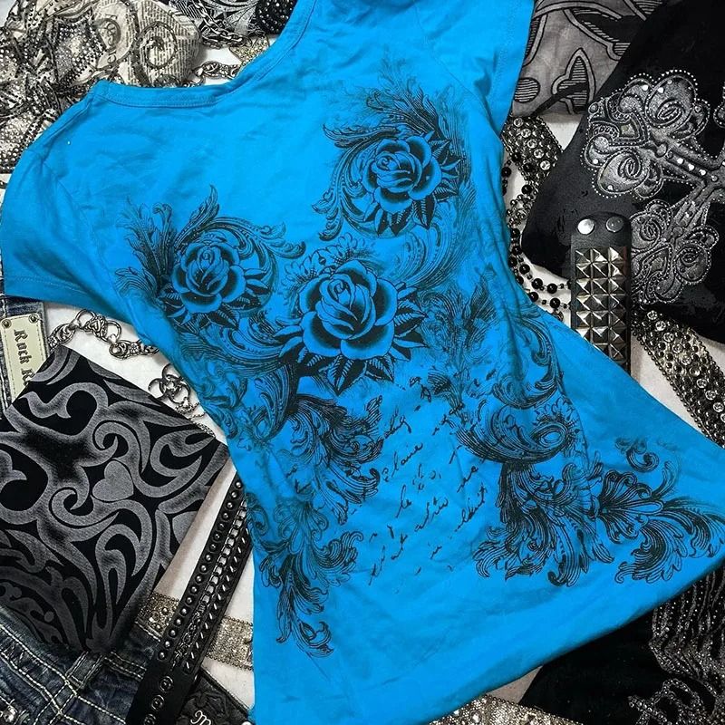 Women Y2k Grunge Rhinestone Heart Rose T Shirt 5