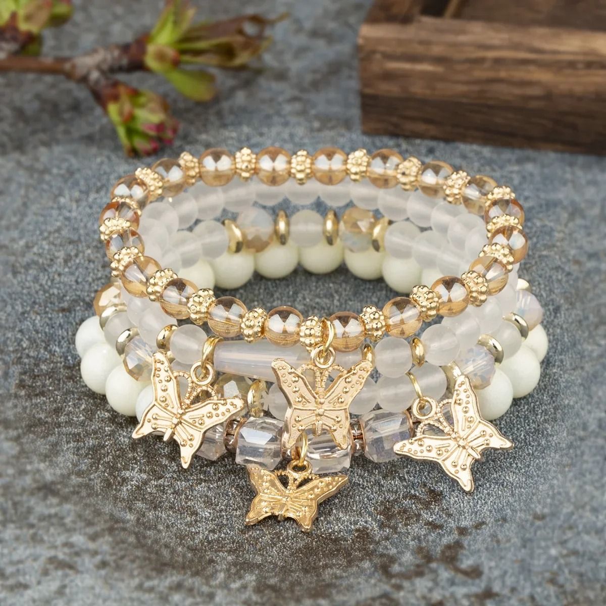 Butterfly Beaded Bracelet Set For Women Bohemian Style Elastic Bangles 2