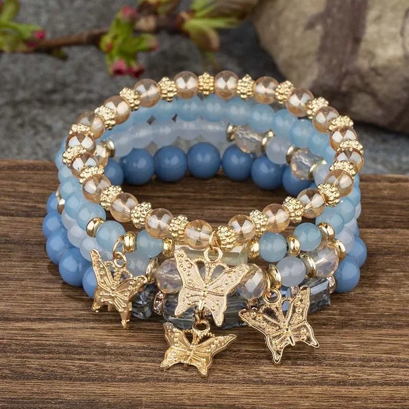 Butterfly Beaded Bracelet Set For Women Bohemian Style Elastic Bangles 5
