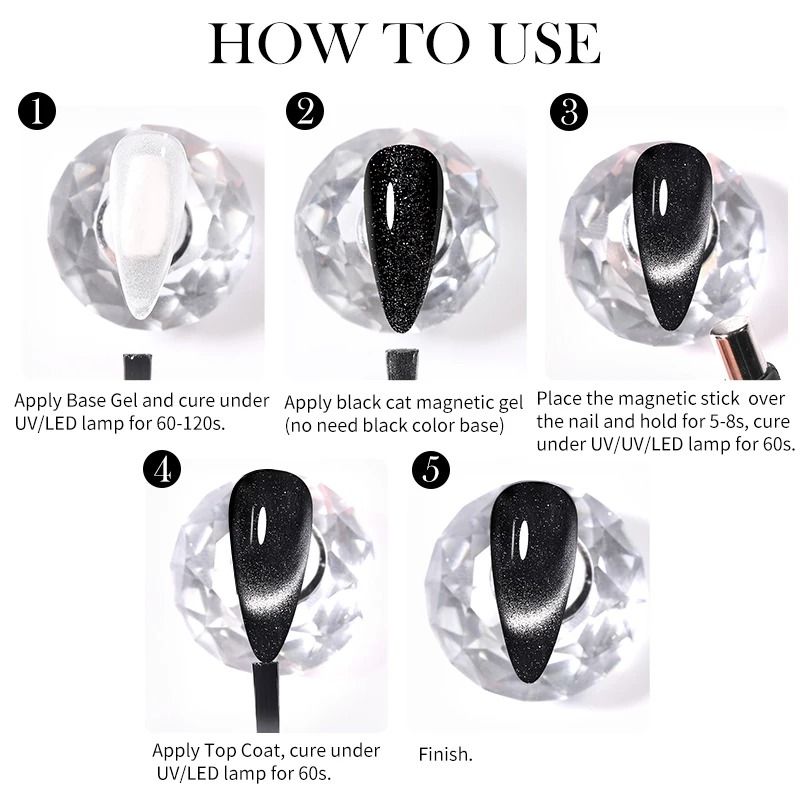 Black Crystal Cat Magnetic Gel Nail Polish Glitter UV Soak Off Gel 5