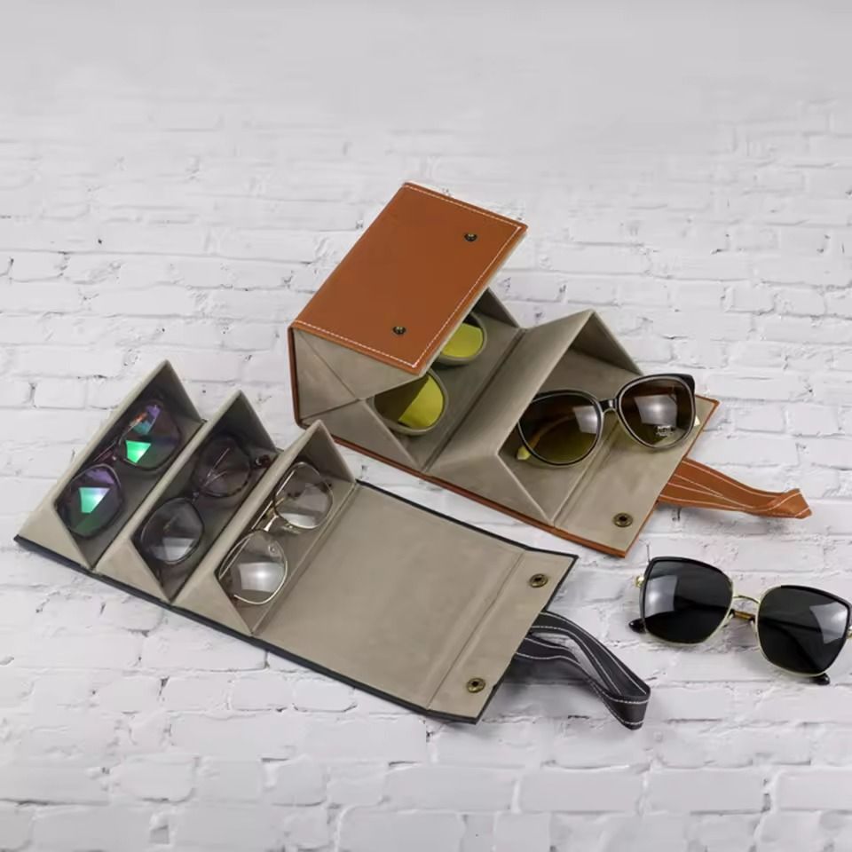 Foldable Hanging Travel Glasses Case  PU Leather Eyewear Organizer With 3 Or 5 Slots 3