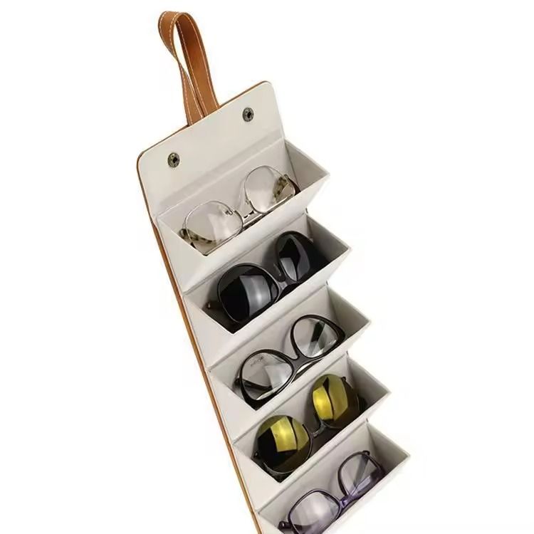 Foldable Hanging Travel Glasses Case  PU Leather Eyewear Organizer With 3 Or 5 Slots 4