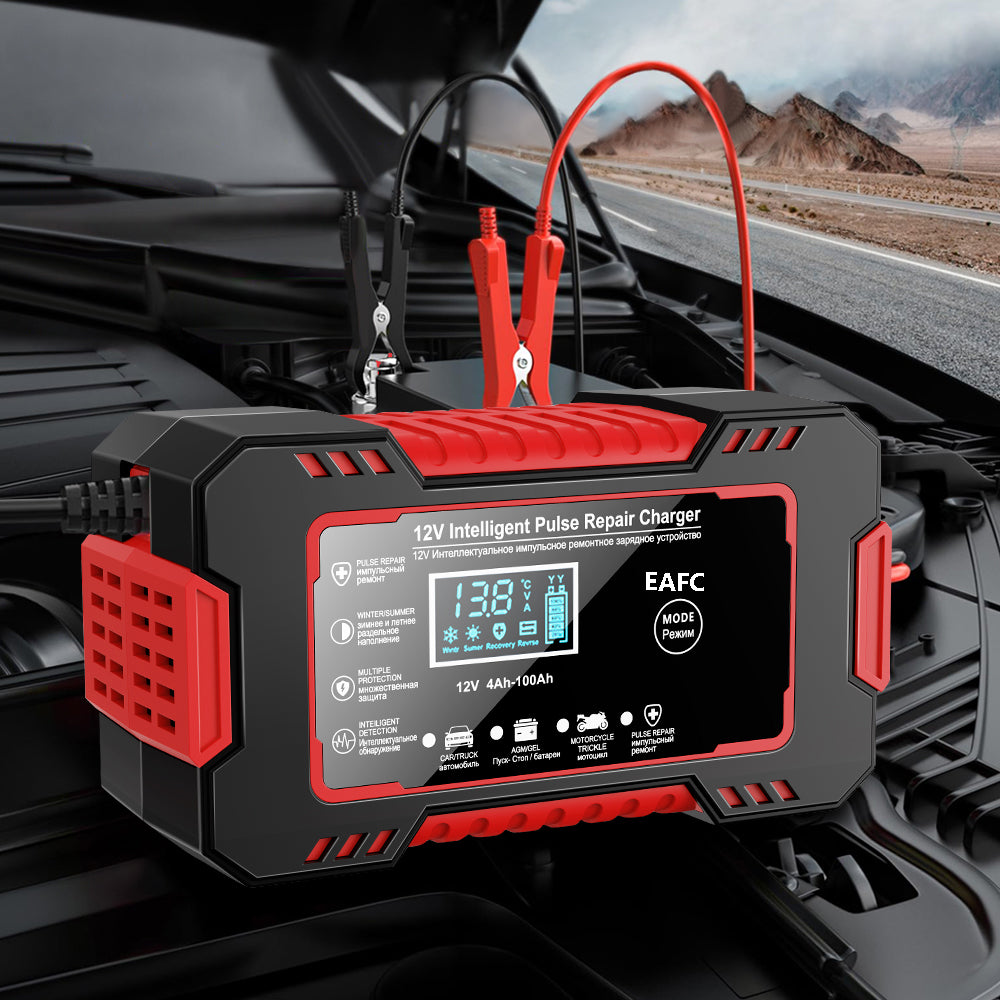 Pulse Repair LCD Display, Smart Fast Charge Car Battery Charger, AGM GEL Lead-Acid Charger for Auto and Motorcycle