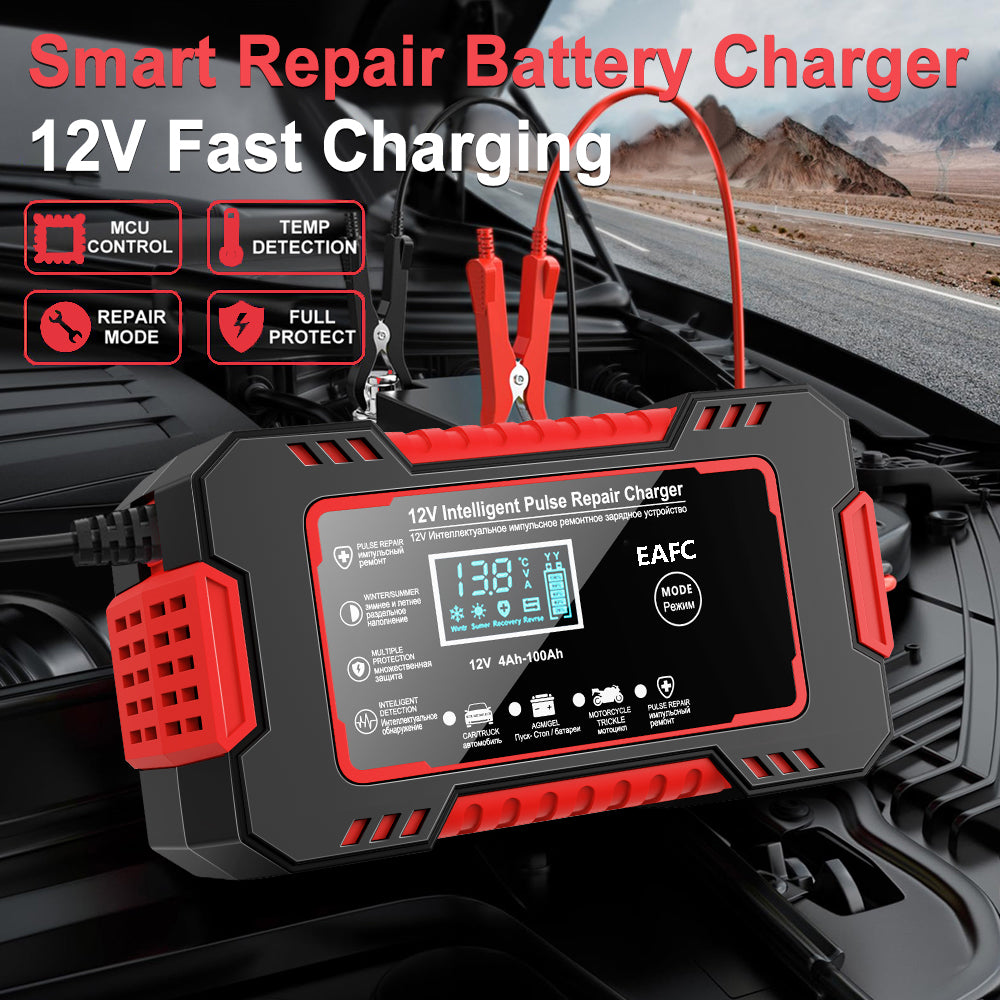 Pulse Repair LCD Display, Smart Fast Charge Car Battery Charger, AGM GEL Lead-Acid Charger for Auto and Motorcycle