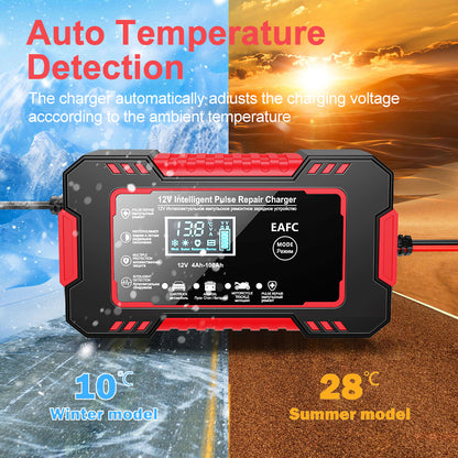 Pulse Repair LCD Display, Smart Fast Charge Car Battery Charger, AGM GEL Lead-Acid Charger for Auto and Motorcycle