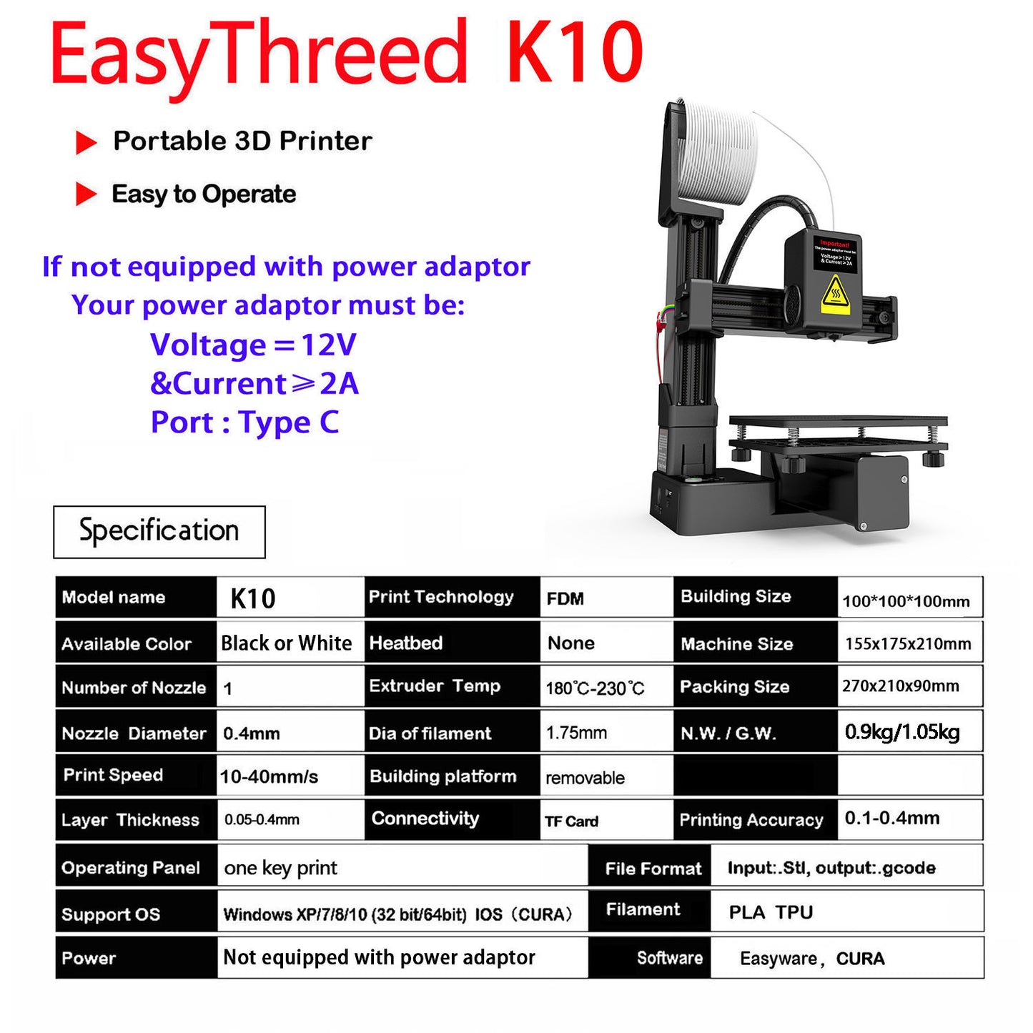 Entry Level EasyThreed Printer Compatible With PLA TPU Filament Power Adaptor Included 1