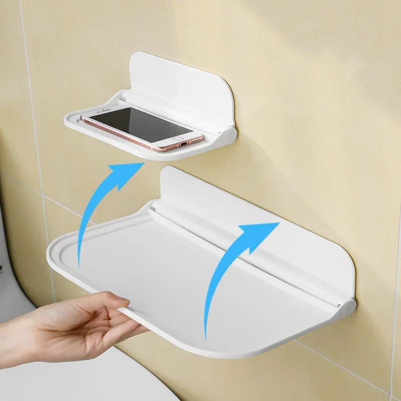 Folding Wall Mounted Shelf, Space Saving Storage Rack, Punch-Free Phone Holder, Wifi Router Tray, Bathroom Organizer