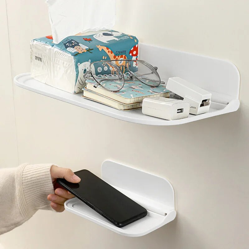 Folding Wall Mounted Shelf Space Saving Storage Rack PunchFree Phone Holder Wifi Router Tray Bathro 3