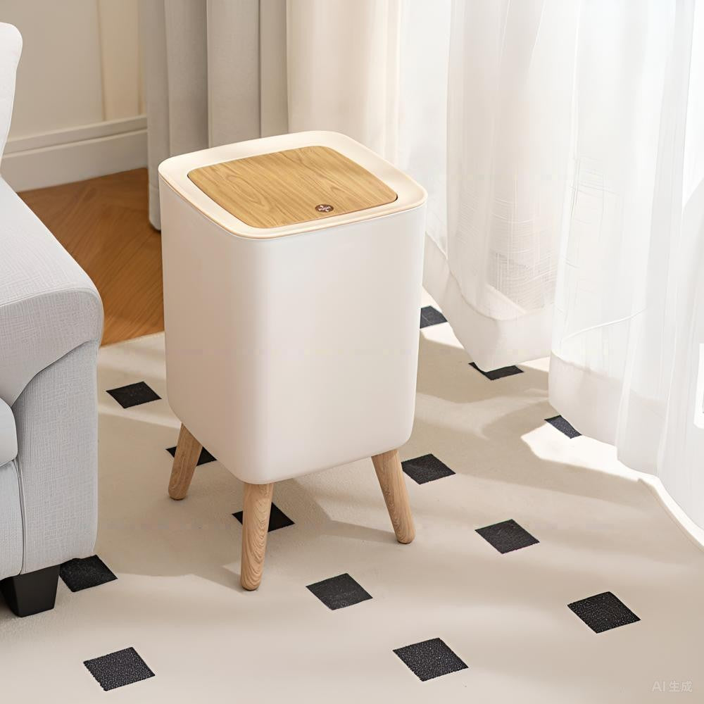 Press Trash Can, High Clamshell, White, Imitation Wood Grain, Suitable For Bedroom Bathroom Living Room