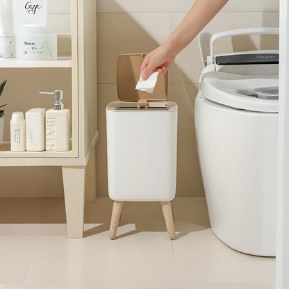Press Trash Can High Clamshell White Imitation Wood Grain Suitable For Bedroom Bathroom Living Room 1