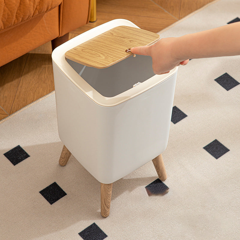 Press Trash Can High Clamshell White Imitation Wood Grain Suitable For Bedroom Bathroom Living Room 3