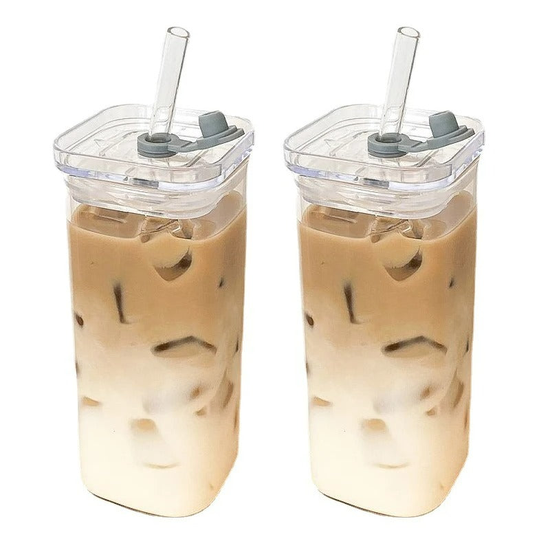 Heat Resistant Square Glass Coffee Cup with Lid, Straw for Milk Tea, Juice, and Drinkware