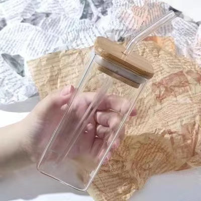 Heat Resistant Square Glass Coffee Cup With Lid Straw For Milk Tea Juice And Drinkware 7