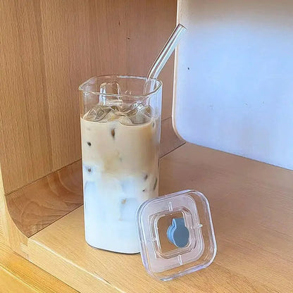 Heat Resistant Square Glass Coffee Cup With Lid Straw For Milk Tea Juice And Drinkware 3