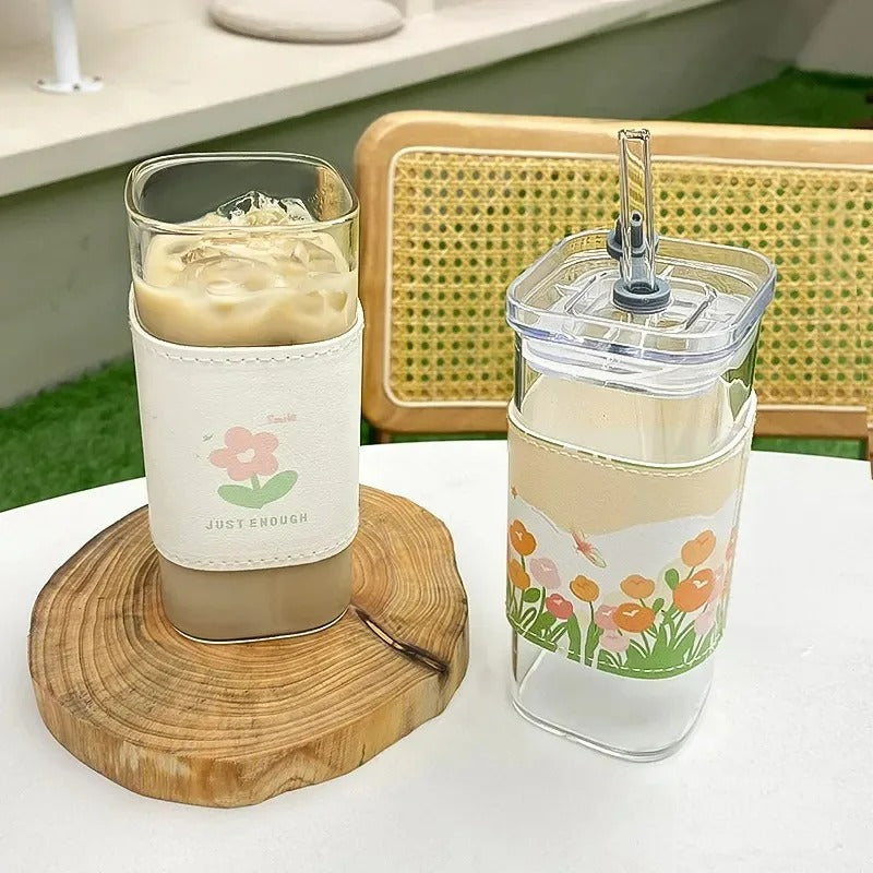 Heat Resistant Square Glass Coffee Cup With Lid Straw For Milk Tea Juice And Drinkware 4