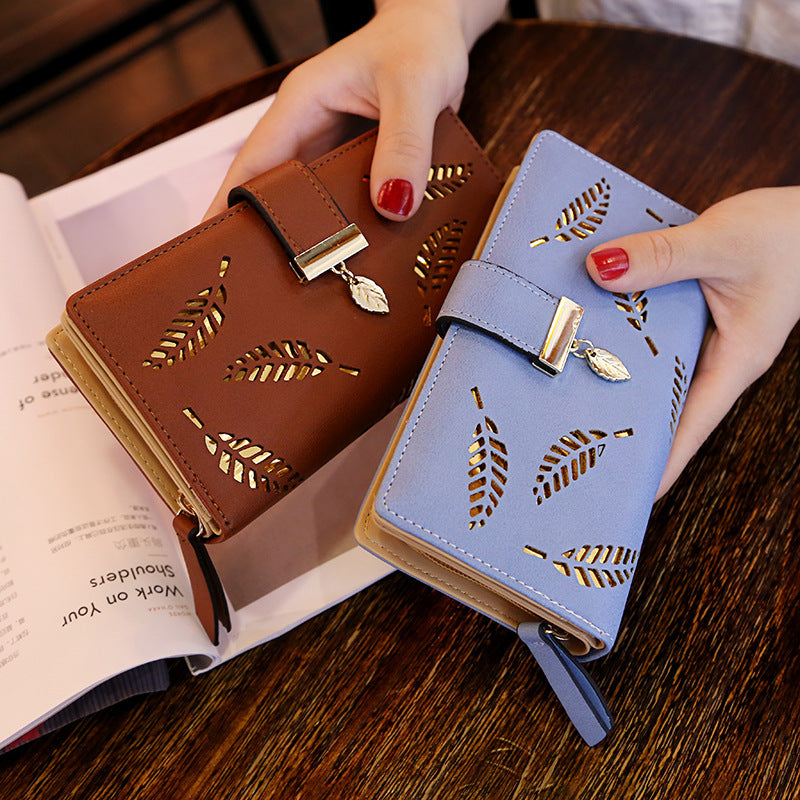 PU Leather Phone Purse Ladies Fashion Wallet Female Hollow Leaves Clutch Handbag Coin Card Holders  3