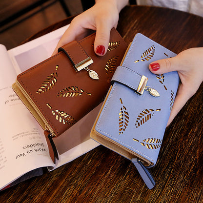 PU Leather Phone Purse Ladies Fashion Wallet Female Hollow Leaves Clutch Handbag Coin Card Holders  3