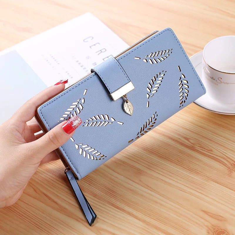 PU Leather Phone Purse Ladies Fashion Wallet Female Hollow Leaves Clutch Handbag Coin Card Holders  7