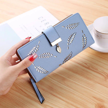 PU Leather Phone Purse Ladies Fashion Wallet Female Hollow Leaves Clutch Handbag Coin Card Holders  7
