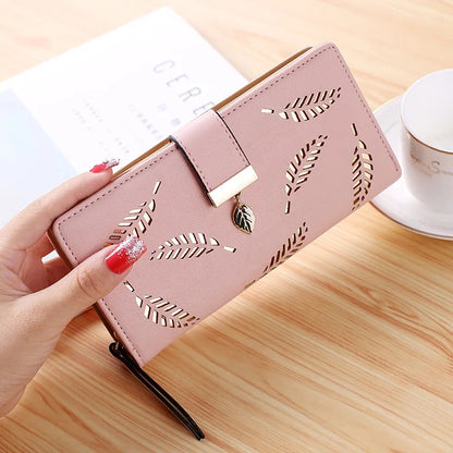 PU Leather Phone Purse Ladies Fashion Wallet Female Hollow Leaves Clutch Handbag Coin Card Holders  10
