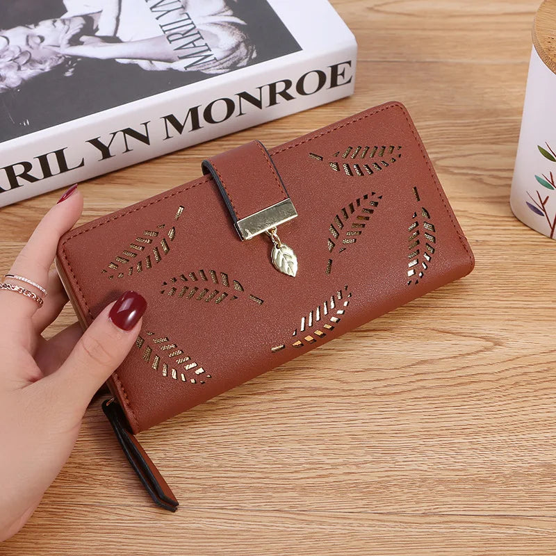 PU Leather Phone Purse Ladies Fashion Wallet Female Hollow Leaves Clutch Handbag Coin Card Holders  8
