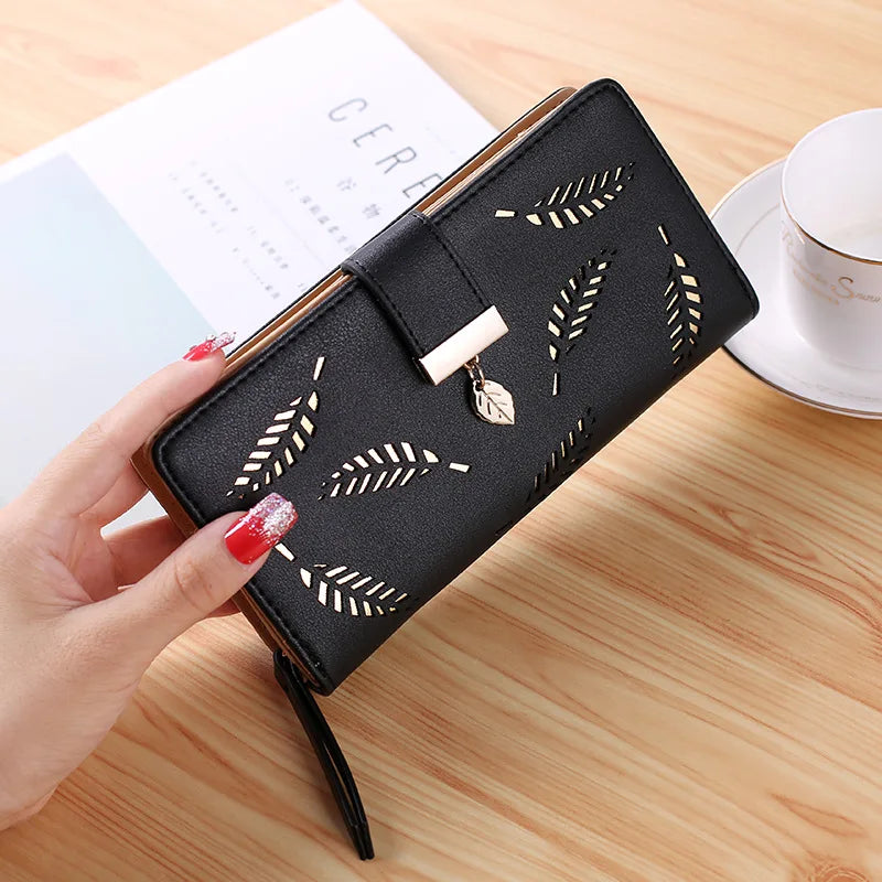 PU Leather Phone Purse Ladies Fashion Wallet Female Hollow Leaves Clutch Handbag Coin Card Holders  6