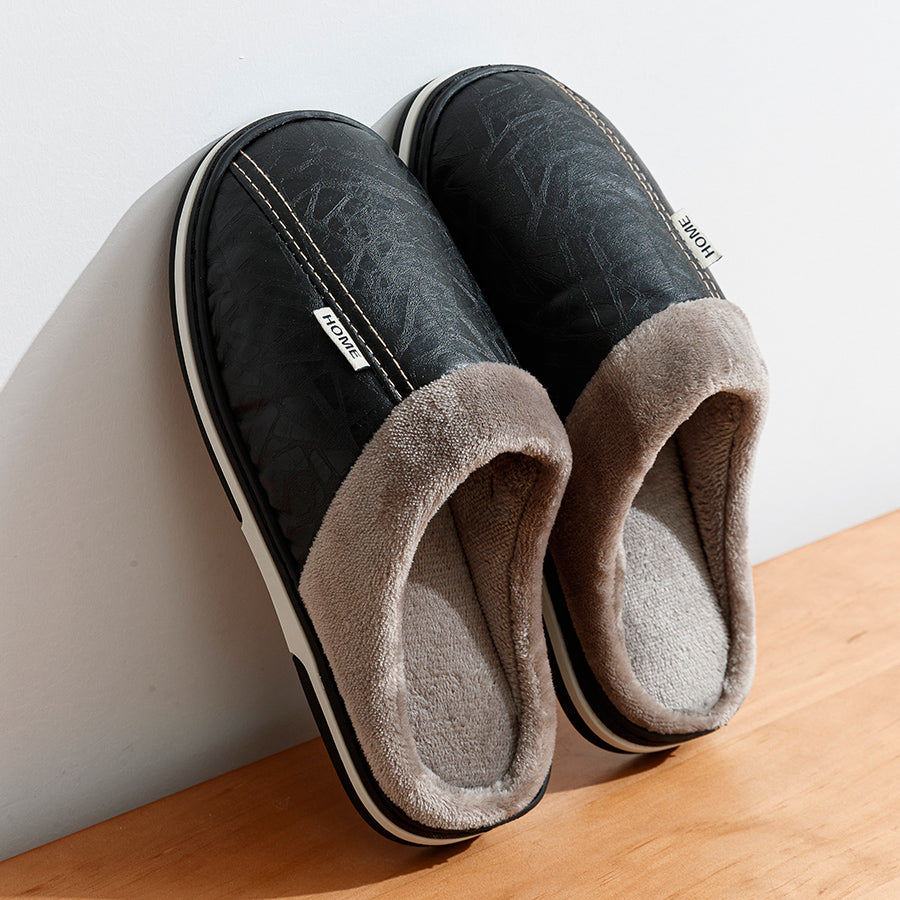 Waterproof PU Leather Mens Winter Slippers With Warm Fur Lined House Shoes Big Size For Home Bedroo 3