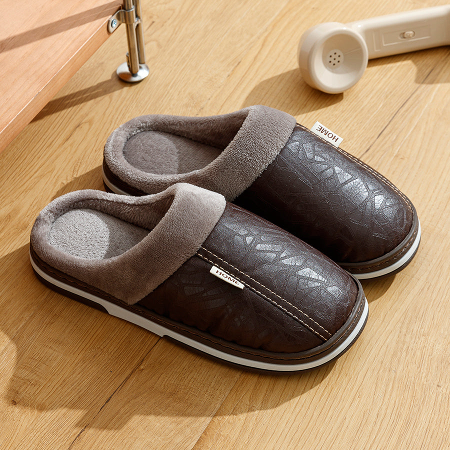 Waterproof PU Leather Mens Winter Slippers With Warm Fur Lined House Shoes Big Size For Home Bedroo 6
