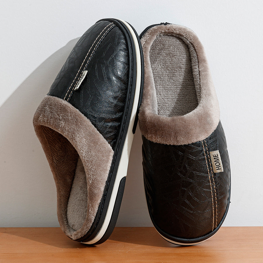 Waterproof PU Leather Mens Winter Slippers With Warm Fur Lined House Shoes Big Size For Home Bedroo 4
