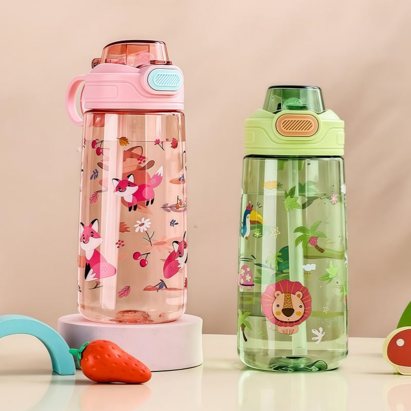 Cute Cartoon Animal Water Bottle with Safety Lock, Leak-proof Straw Cup for Kids Outdoor Travel Camping Jug