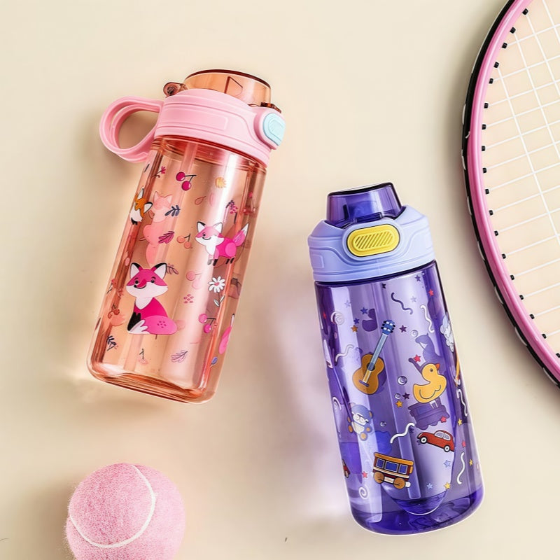 Cute Cartoon Animal Water Bottle with Safety Lock, Leak-proof Straw Cup for Kids Outdoor Travel Camping Jug