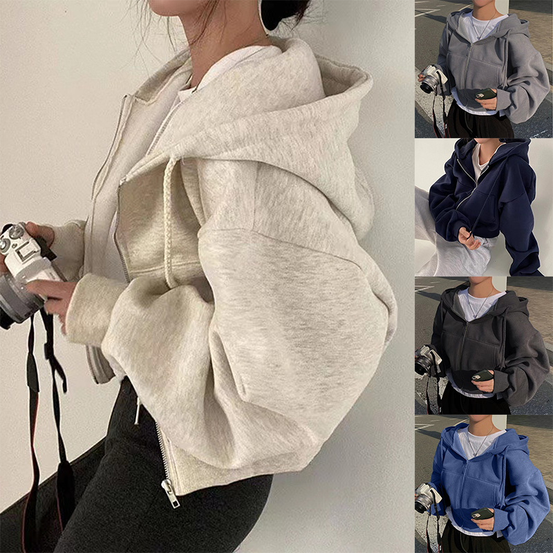 New Insfleece-lined Zip-up Warm Navy Blue Hooded Sweatshirt Women, Versatile Cropped Slims Silhouette for Spring Autumn