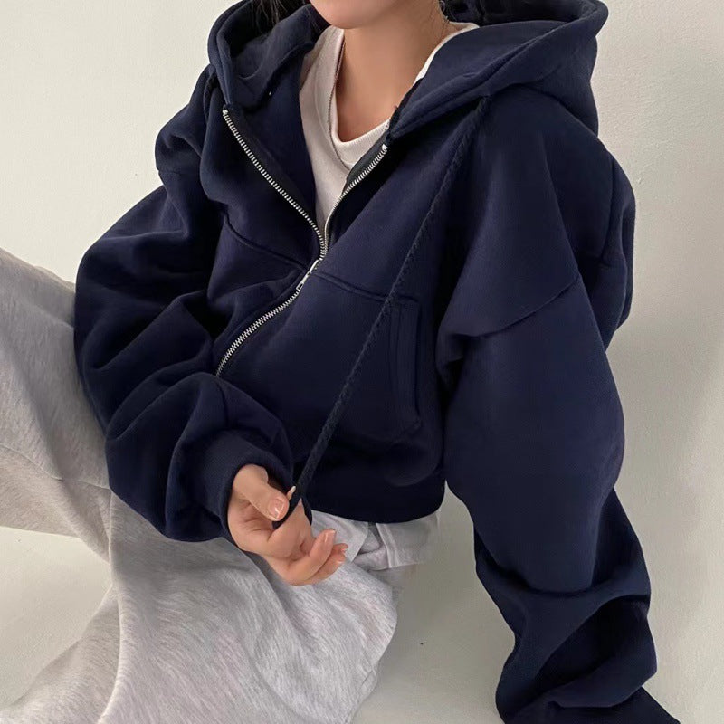 New Insfleecelined Zipup Warm Navy Blue Hooded Sweatshirt Women Versatile Cropped Slims Silhouette  4
