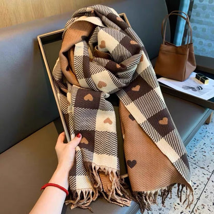 Thick Large Blanket Shawl Scarf, Women's Plaid Comfortable Scarf, Women's Autumn and Winter Heart-Patterned Scarf