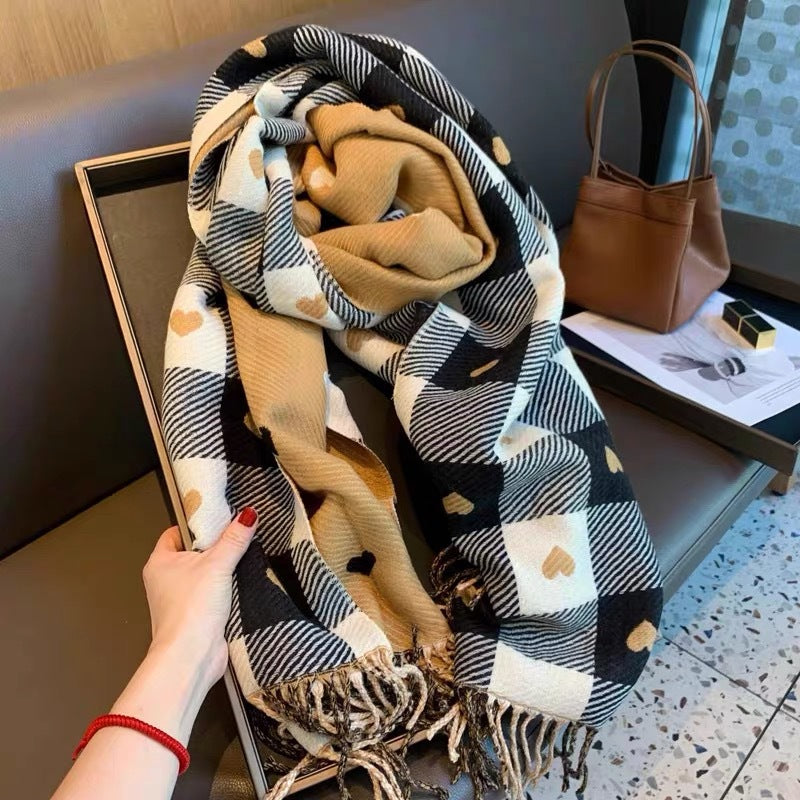 Thick Large Blanket Shawl Scarf Womens Plaid Comfortable Scarf Womens Autumn And Winter HeartPatter 1