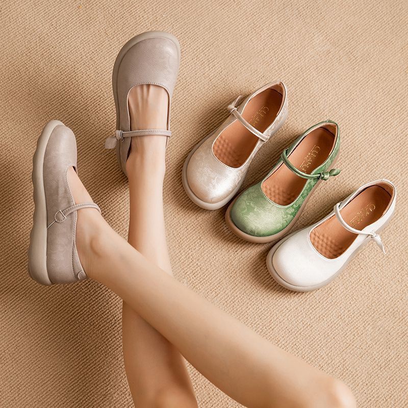 Green Mary Jane Flats for Women, Wide Toe Shoes, Soft Loafers, Split Leather Moccasins for Moms, Nurses, Shallow Comfort