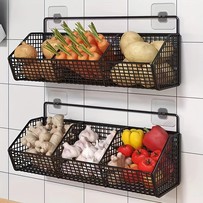 Wall Mounted Kitchen Storage Basket, Durable Wire Rack for Vegetables and Fruits, Home Organization Solution