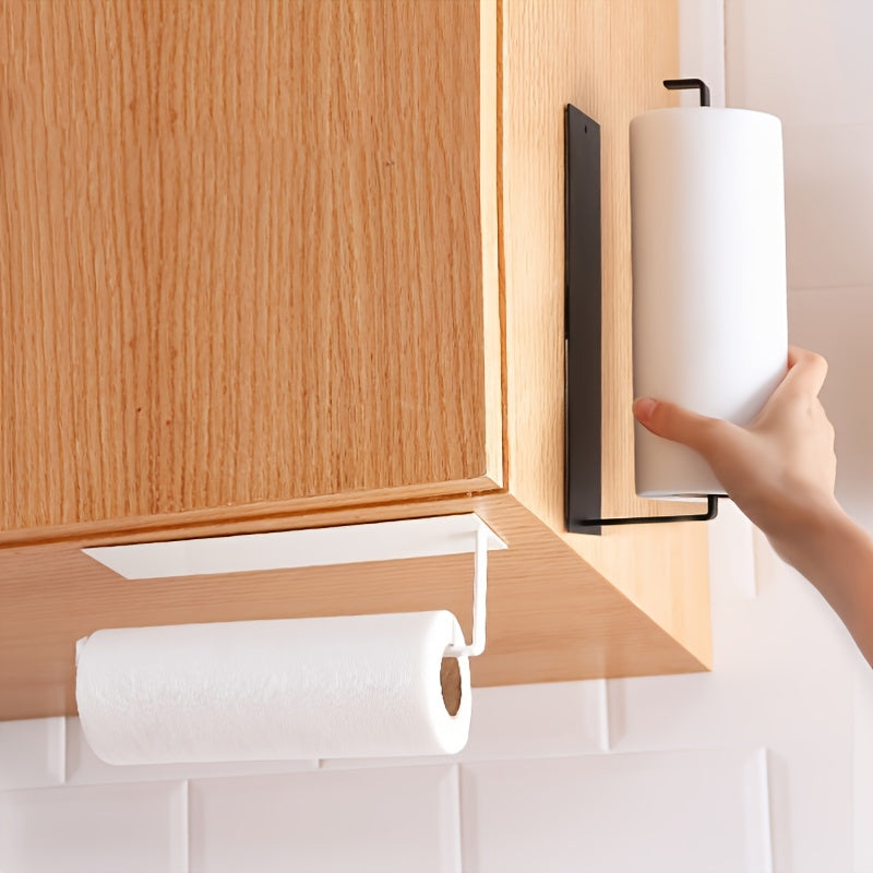 No Drill Adhesive Kitchen Paper Towel Holder, Carbon Steel Roll Hanger, Plastic Wrap Storage Rack