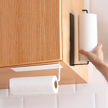 No Drill Adhesive Kitchen Paper Towel Holder, Carbon Steel Roll Hanger, Plastic Wrap Storage Rack