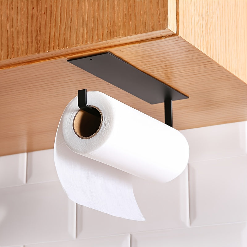 No Drill Adhesive Kitchen Paper Towel Holder, Carbon Steel Roll Hanger, Plastic Wrap Storage Rack