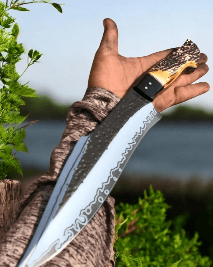 Hand-Forged Stag Handle Bowie Knife | 13" High Carbon Steel Outdoor Blade + Leather Sheath | Bushcraft & Hunting Knife