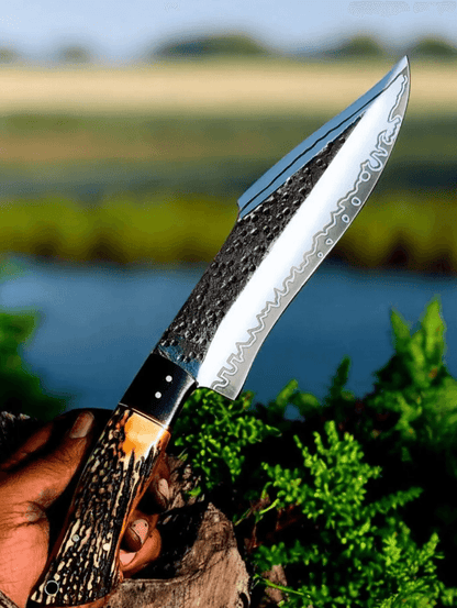 Hand-Forged Stag Handle Bowie Knife | 13" High Carbon Steel Outdoor Blade + Leather Sheath | Bushcraft & Hunting Knife