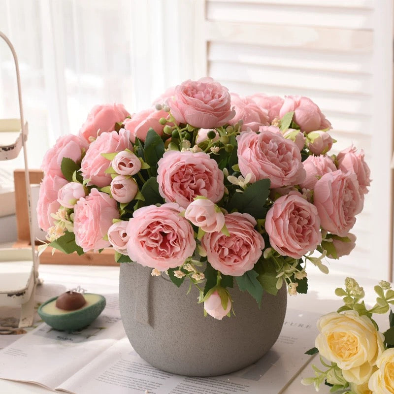 Rose Pink Peony Artificial Flower Bouquet, Big Heads, Wedding and Home Decor, Silk Floral Arrangement