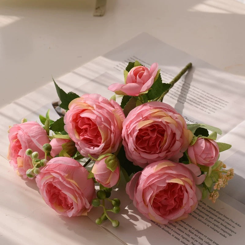 Rose Pink Peony Artificial Flower Bouquet, Big Heads, Wedding and Home Decor, Silk Floral Arrangement