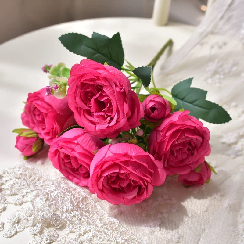 Rose Pink Peony Artificial Flower Bouquet, Big Heads, Wedding and Home Decor, Silk Floral Arrangement