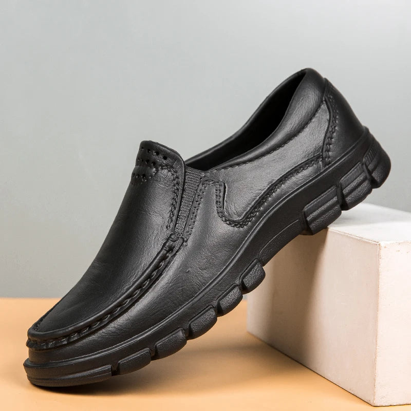 Mens Fashion Leather Casual Shoes, Waterproof Driving Loafers, Non-slip EVA Chef Shoes, Comfort Soft Soled