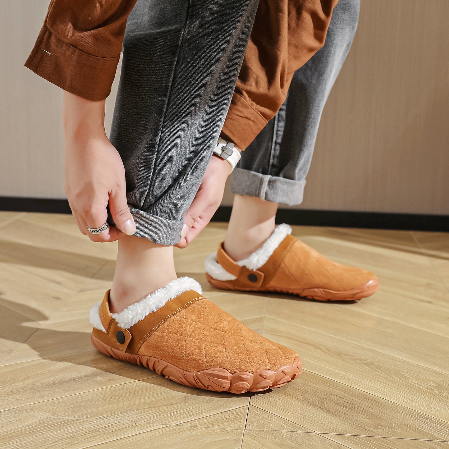 Chamois Leather Winter Home Slippers For Men Women Warm Cotton Bedroom Flip Flops Wide Toe Shoes Ba 2