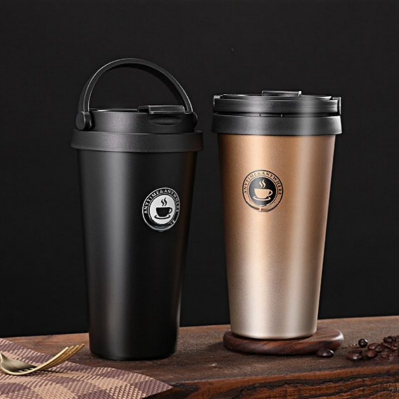 Portable Office Coffee Cup, Double-layer Vacuum Thermos, New American Simple Large-capacity Mug with Rope
