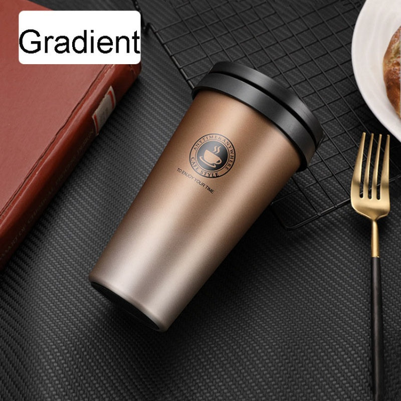 Portable Office Coffee Cup, Double-layer Vacuum Thermos, New American Simple Large-capacity Mug with Rope