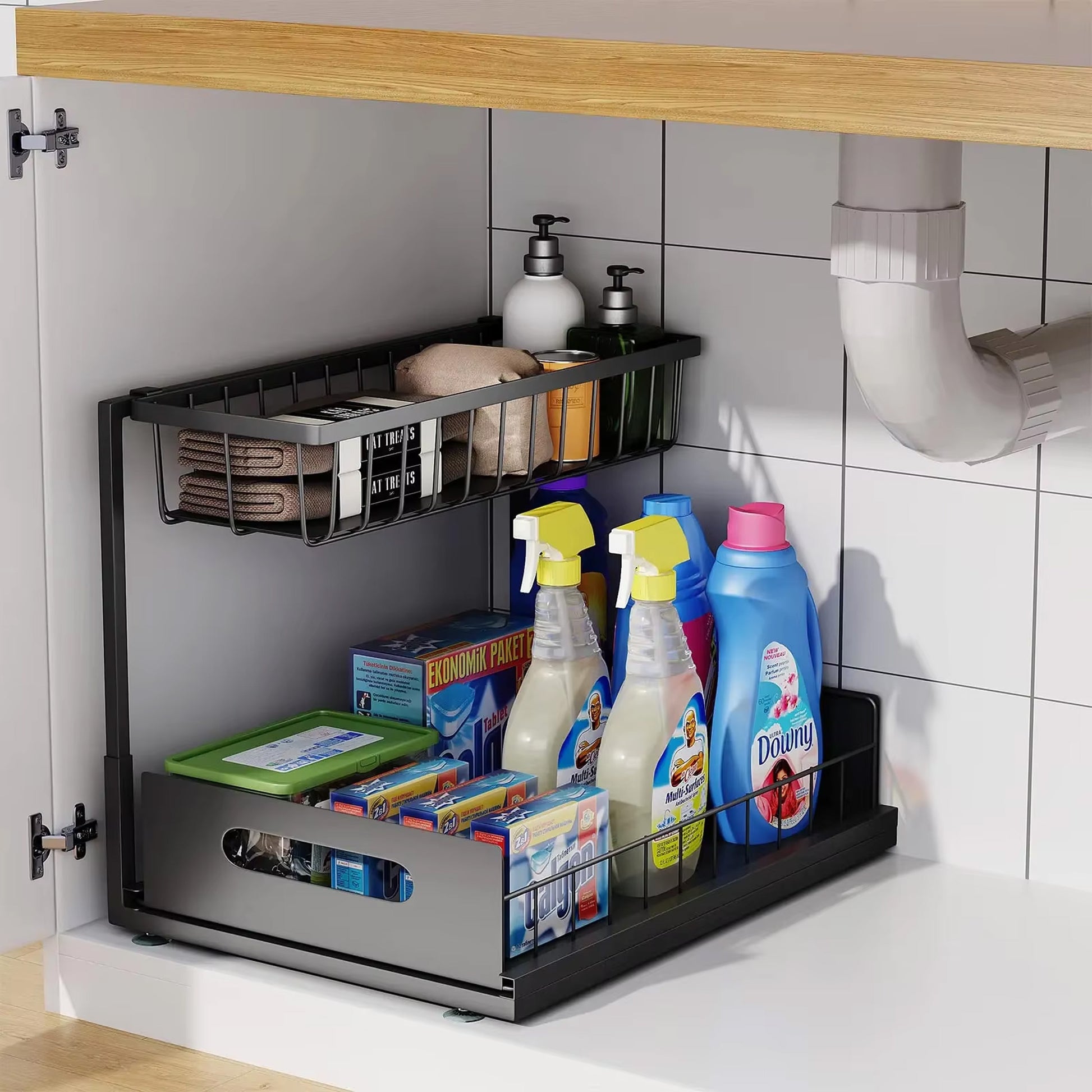 Under Sink Sliding Cabinet Basket Organiser, Pull Out Drawer for Bathroom Kitchen Storage